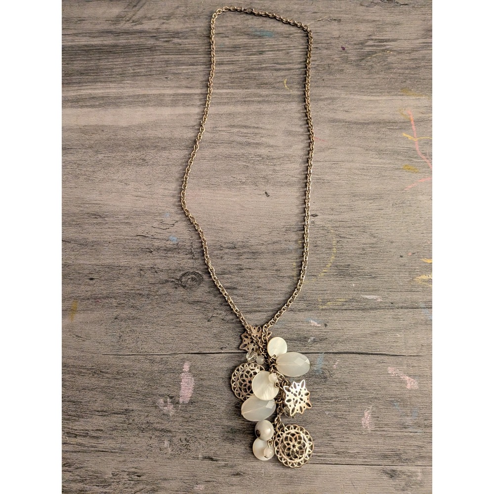 Boho Silver Tone Filigree Mother of Pearl Cluster Charm Long Chain Necklace